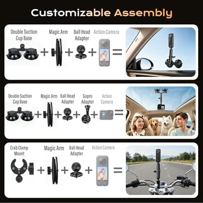 BMZX Dual & Quad Suction Cup Car Mount Kit for Insta360 X5 X4 X3, 360 Camera Car Mount for GoPro & DJI Action Cameras, Heavy Duty Windshield Mount with Magic Arm & Extension Pole