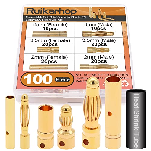 100 PCS RC Bullet Connectors 2mm 3.5mm 4mm Female Male Gold Banana Bullet Connector Plug with Heat Shrink Tube - size: With Heat Shrink Tube