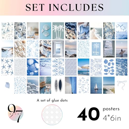 97 Decor Coastal Wall Art, 40Pcs 4x6 Ocean Posters and Beach Prints - color: Blue White