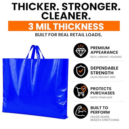 19x15 Large Plastic Shopping Bags with Handles for Small Business - color: Blue