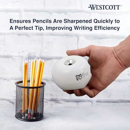 Westcott iPoint Eclipse Battery Pencil Sharpener, Unique Two-Blade Technology, EZ-View Reservoir, Requires 4 AA Batteries, White, for Home, Small Office, Classroom, Back to School, School Supplies