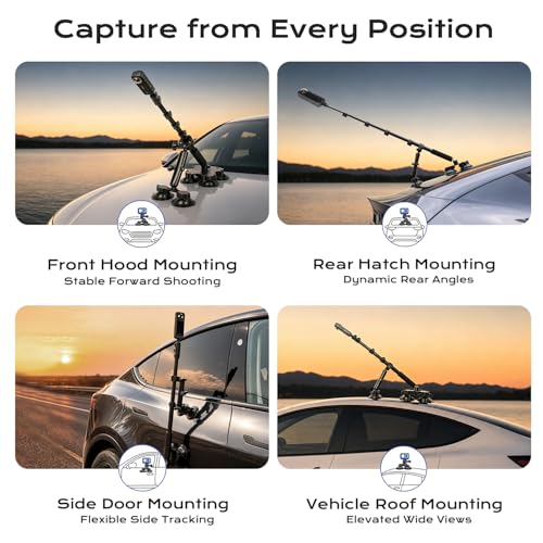 BMZX Dual & Quad Suction Cup Car Mount Kit for Insta360 X5 X4 X3, 360 Camera Car Mount for GoPro & DJI Action Cameras, Heavy Duty Windshield Mount with Magic Arm & Extension Pole