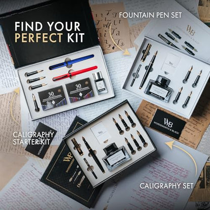 Wordsworth & Black Calligraphy Kit for Beginners, 2 Ink Pens, 5 Nibs, Blue - color: Red and Blue
