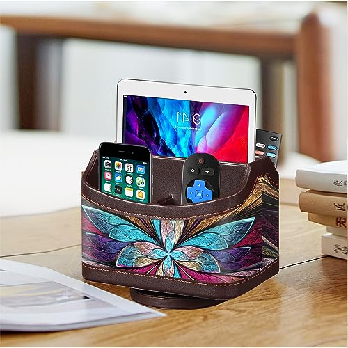 360° Rotating Remote Control Holder, PU Leather TV Remote Caddy, Pen Holder - color: Butterfly