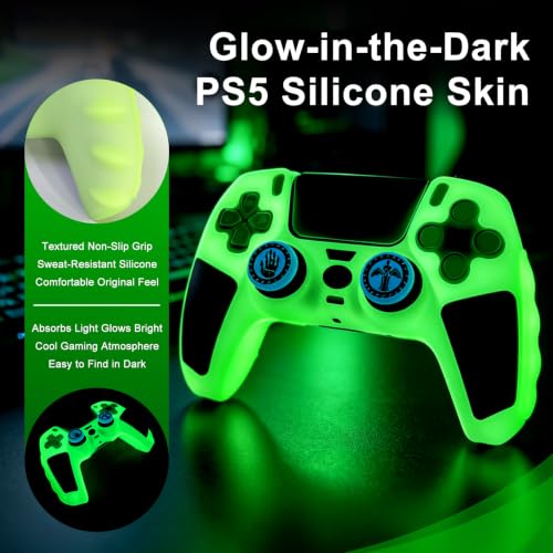 2 Pack Glow in The Dark Green PS5 Controller Skin,Include 4 Pcs Thumb Grips Glow Accessories. (2 Pack Glow Green Black) - color: 2 Pack Glow Green Black
