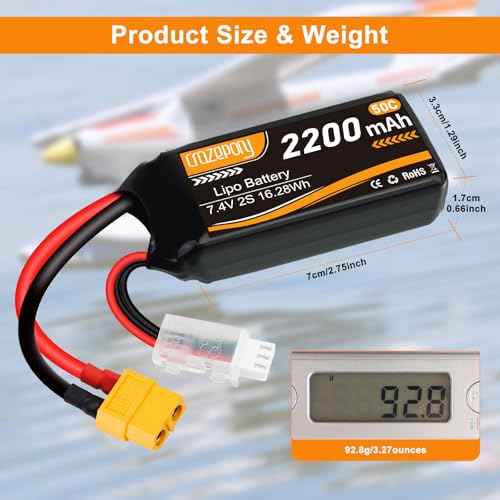 2S Lipo Battery 7.4V 2200mAh with XT60 Connector for 1/16 Slash RC Car