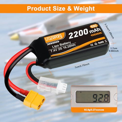 2S Lipo Battery 7.4V 2200mAh with XT60 Connector for 1/16 Slash RC Car