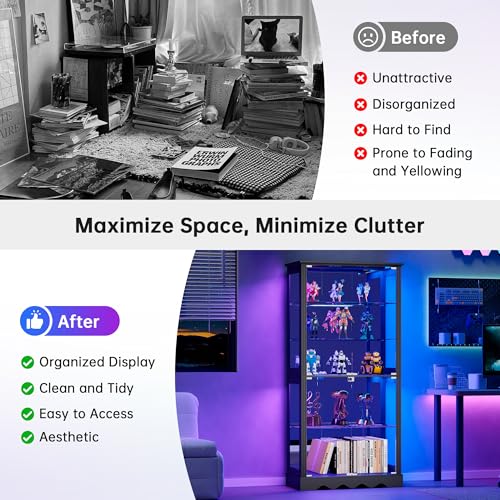 Dystler Display Cabinet with Glass Doors, RGB Lights for Collectibles - color: Black