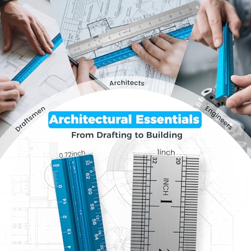 2 Pcs Architectural Scale Ruler 12 Inch, Aluminum Architect Ruler & Metal Ruler Set, Imperial Engineer Scale for Blueprints, Drafting Ruler for Architects, Students, Draftsmen, and Engineers (Blue)