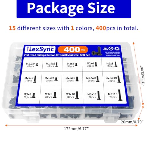 400Pcs Countersunk Flat Head Phillips Machine Screws Kit, M1.7, M2, M2.5, M3 Full Thread Black Zinc Plated Carbon Steel, Hardware Fasteners for Laptop Notebook & Electronics Repair
