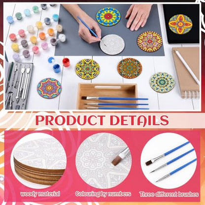 Reallnaive 8 Pcs Mandala Paint by Numbers Kit for Adults Wooden Coasters - style: Mandala