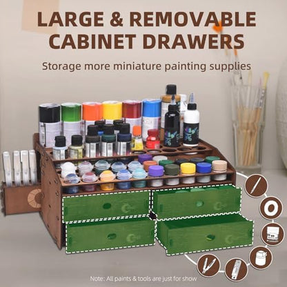 OPHIR Paint Organizer Rack, Wooden Paint Holder with 48 Holes & 4 Drawers