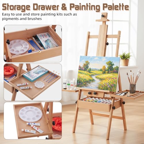 Beech Wood H-Frame Easel for Painting with Tray & Drawer, Natural - color: Natural