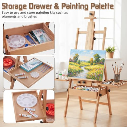 Beech Wood H-Frame Easel for Painting with Tray & Drawer, Natural - color: Natural