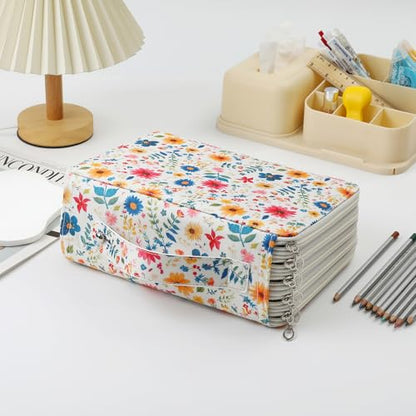 Canvas 250 Slots Pencil Case 5-Layer Zipped Holder w/Handle - color: Apricot Blossoms, size: 250