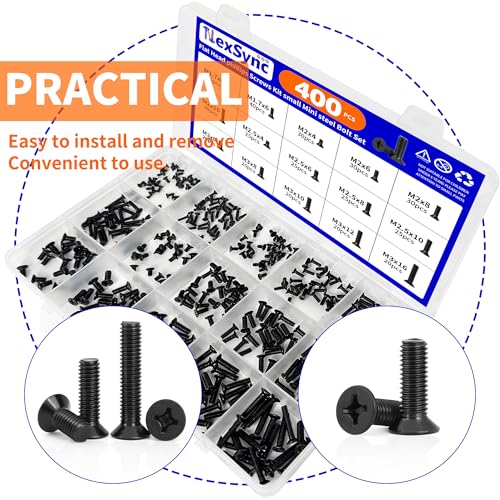 400Pcs Countersunk Flat Head Phillips Machine Screws Kit, M1.7, M2, M2.5, M3 Full Thread Black Zinc Plated Carbon Steel, Hardware Fasteners for Laptop Notebook & Electronics Repair