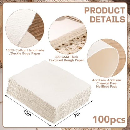 100 Sheets Watercolor Paper 7x10 in, 300 GSM, Deckled Edge, Ivory - size: 7 x 10inch