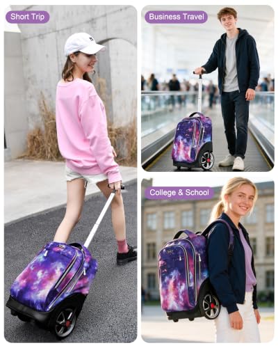 NEW TILAMI 19 Inch Rolling Backpack for School Stair-Climbing Big Wheel - color: Purple Starry