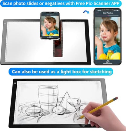Slide Viewer Light Box A4, Ultra-Thin LED Light Pad for Film Negatives & Slides, 3-Level Adjustable Brightness Slide Scanner Light Table for Old Photos Viewing & Digitizing, USB Powered