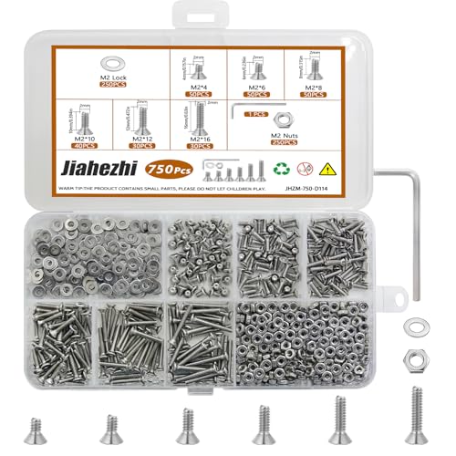 750 Pcs M2 Screw Assortment Kit -M2x6mm/8mm/10mm/12mm/16mm, Metric Hex Flat Head Countersunk Screws, Nuts, Washers & Wrench, 201 Stainless Steel for DIY Projects & Repairs - size: M2x6/8/10/12/16-750Pcs