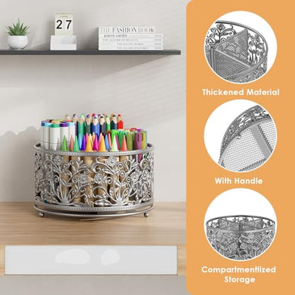 EKNITEY Pencil Pen Holder For Desk - 360° Rotating Pencil Cup Organizer - color: Silver