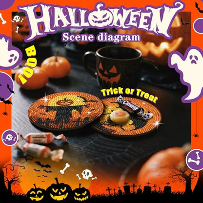 Leatrice 8 PCS Halloween Diamond Art Coasters Set with Holder 4 in - color: AA halloween