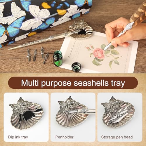 mancola Quill Pen and Ink Set,Feather Dip pen with 6 bottles of ink,Antique Calligraphy Pen,Metallic Dip Pen,6 Replaceable Nibs-Basic Calligraphy Kit-for Beginners and Calligraphy Lovers MA-L26