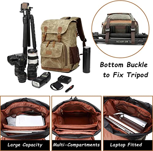 UBAYMAX Canvas Camera Backpack for Canon Nikon Sony DSLR SLR Waterproof - color: Khaki