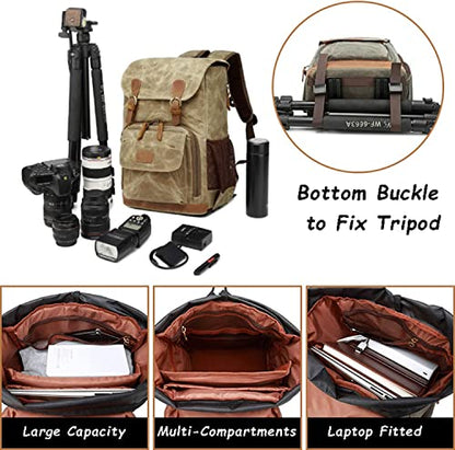 UBAYMAX Canvas Camera Backpack for Canon Nikon Sony DSLR SLR Waterproof - color: Khaki