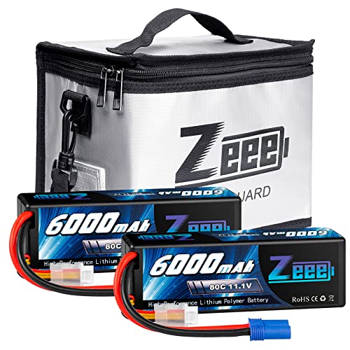 Zeee 3S Lipo Battery 6000mAh 11.1V 80C Hard Case Battery EC5 Connector 2 Pack Batteries with 1 Pcs Lipo Safe Bag Fireproof Explosionproof Bag for Storage Charging