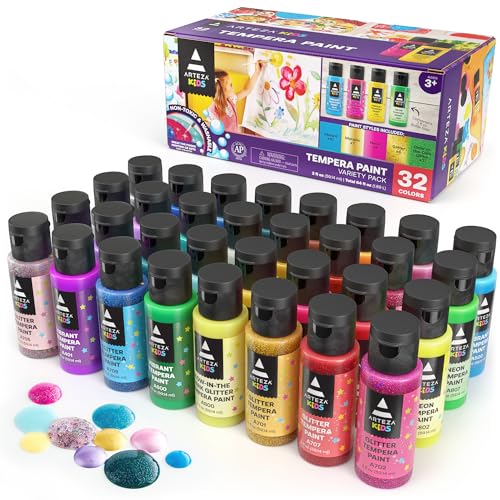 ARTEZA 32 Tempera Paint, 2.03oz/60ml Bottles, Washable Tempera Paint for Kids, Includes Neon, Glitter & Glow-in-The-Dark