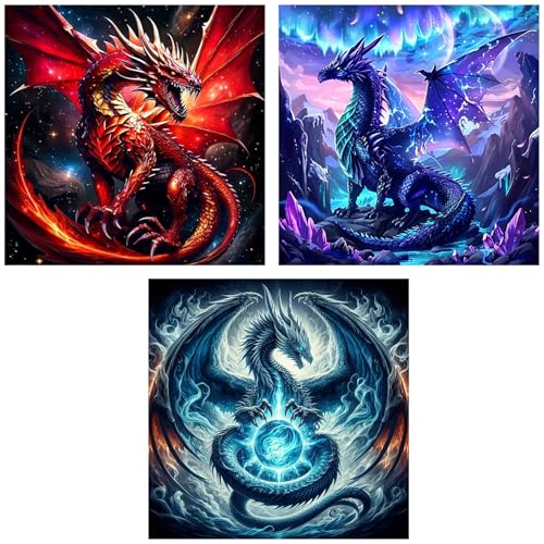 Ekuxom 3 Pack Diamond Art Kits for Adults-Dragon Diamond Painting Kits - color: 3pack-Dragon
