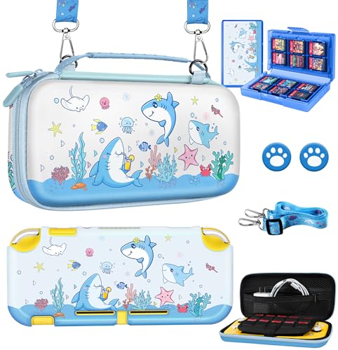 6in1 Kits Accessories Bundle for Nintendo Switch Lite 2019 - Cute Carrying Case, Protective Cover, Joy Con Grips, Thumb Grips, 24 Game Holder, Shoulder Strap Teens Boys Girls, Blue Shark - color: Blue Shark, size: for Nintendo Switch Lite 2019