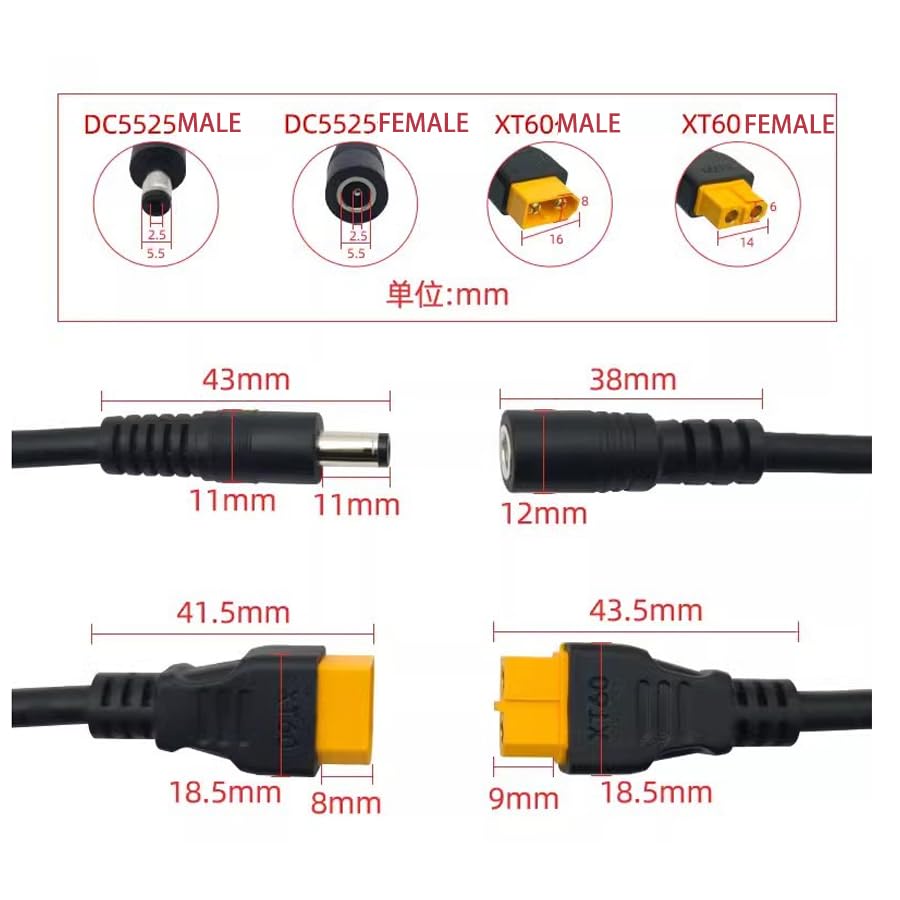 DC5521 Male to XT60 Male Cable 14AWG,XT60 to DC Cable Line 5.5mm X 2.1mm DC Power Cord for FPV Display Power Supply 30cm(1ft) - style: XT60 M to DC5521 M