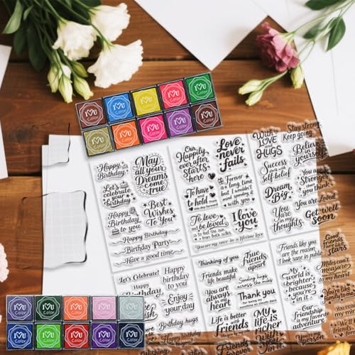 6 Pcs Greeting Words Clear Stamps for Card Making 20 Ink Pad - style: 29Pcs Greetings Blessings Stamps