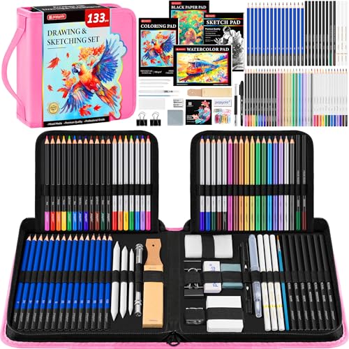 133 Pack Drawing Set Sketching Kit, Pro Art Supplies Sketch Pencils Set - color: Pink, size: 133 Pack