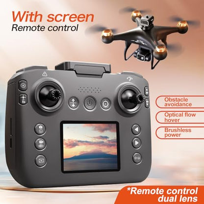 Hobby RC Drone with Screen Remote, Dual 720P Cameras, Optical Flow Positioning, 6-Channel Gyro, Brushless Motor, Headless Mode, Hover Function, One-Key Takeoff, Altitude Hold, Standard Battery. Beginner-Friendly RC Quadcopter Drone