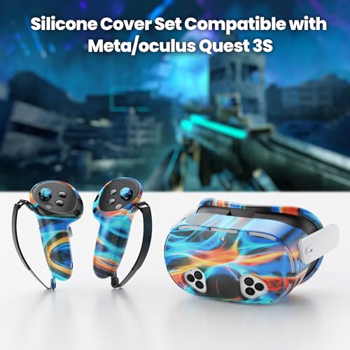 Compatible with Meta Quest 3s Accessories, Silicone Face Cover, VR Shell Cover,Touch Controller Grip Cover, Joysticks Cover, Camera Lens Protector Set (Colorful C)