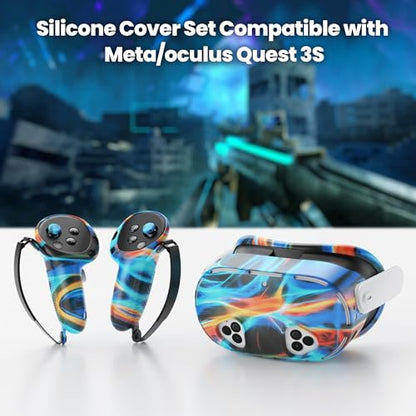 Compatible with Meta Quest 3s Accessories, Silicone Face Cover, VR Shell Cover,Touch Controller Grip Cover, Joysticks Cover, Camera Lens Protector Set (Colorful C)