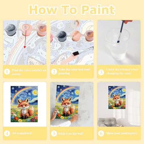 HITO Fox Paint by Numbers Kit for Kids 6-8-12 with Frame Easel 8X12 inch - color: Fox