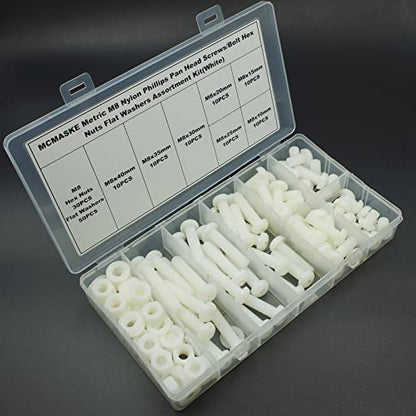 Metric M8 Phillips Pan Head Nylon Screws Nuts Flat Washers Assortment Kit, Screws Length:10mm to 40mm(White) - size: M8