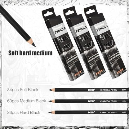 Geyoga 180 Pcs Professional Charcoal Pencils for Drawing Bulk
