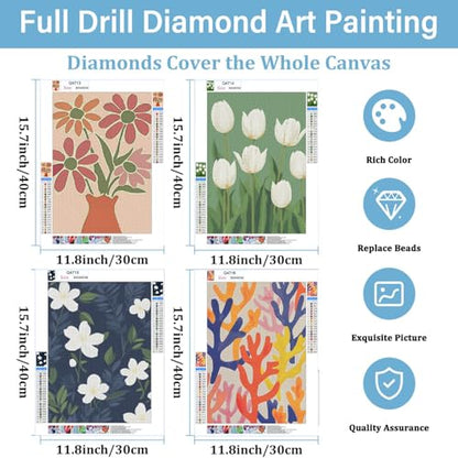 DOTSOPS 4 Pack Floral Diamond Painting Kits Art for Adults Round Full Drill - color: Flower