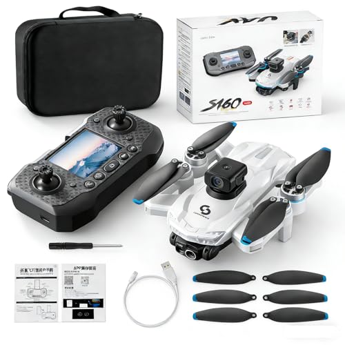 ikaufen S160 Drone with Built-in screen control, Camera for Adults RC Drone With HD Dual Camera WiFi FPV Foldable Quadcopter Aircraft +2 Battery (S160 screen control+2Batte White1) - size: S160 Dual Camera Screen Control + 2 Battery White1
