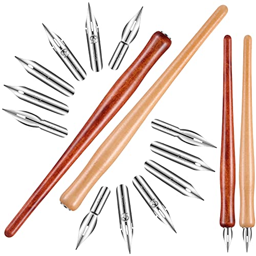 Chinco 14 Pcs Dip Pen Nibs Holders with Comic Wooden Drawing Pens Holder