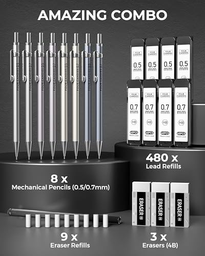 Metal Mechanical Pencil Set, 0.5/0.7mm, 8-Pack with Case, Two Sizes - style: 8PCS 0.5 +0.7 mm