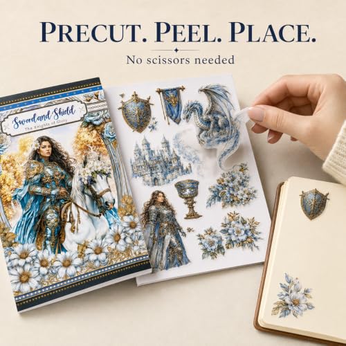 Dwpetzo Medieval Fantasy Sticker Book for Journaling, Collage, A5 Sheets - color: Sword and Shield