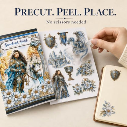 Dwpetzo Medieval Fantasy Sticker Book for Journaling, Collage, A5 Sheets - color: Sword and Shield