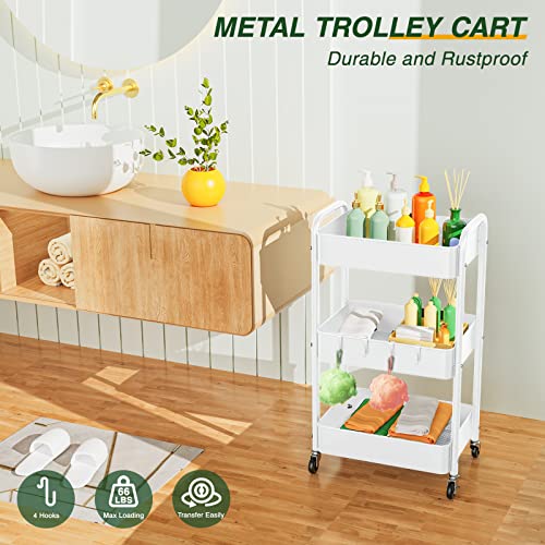 LEHOM 3 Tier Rolling Cart, Metal Rolling Utility Cart with Lockable Wheels - color: White
