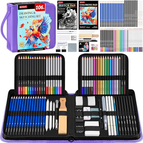 106 Pack Drawing Set Sketching Kit, Pro Art Supplies Sketch Pencils Set - color: Purple, size: 106 Pack